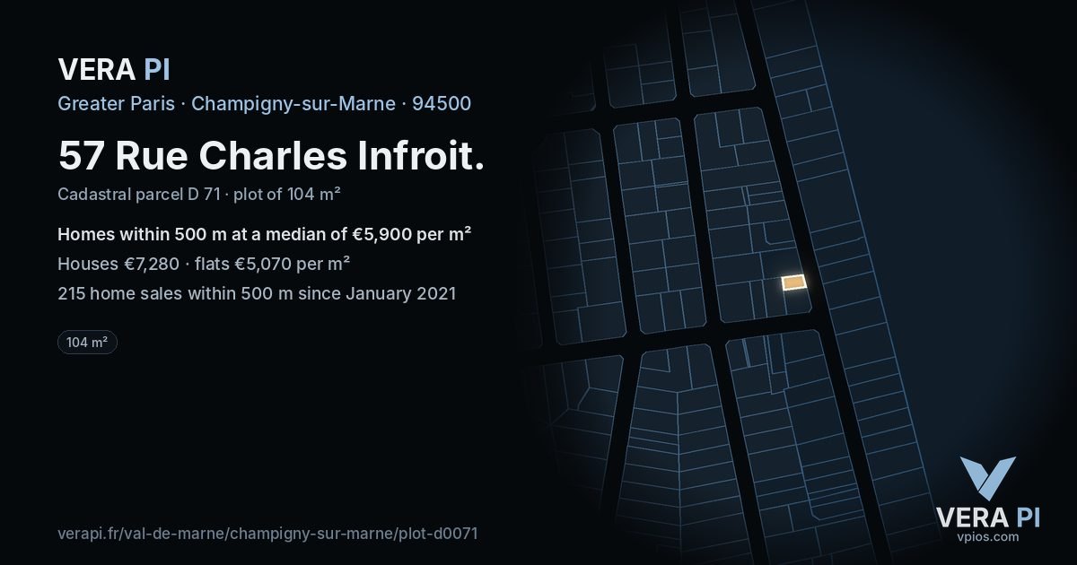 57 Rue Charles Infroit, Champigny-sur-Marne at night – the plot lit, the parcels around coloured by the prices near them