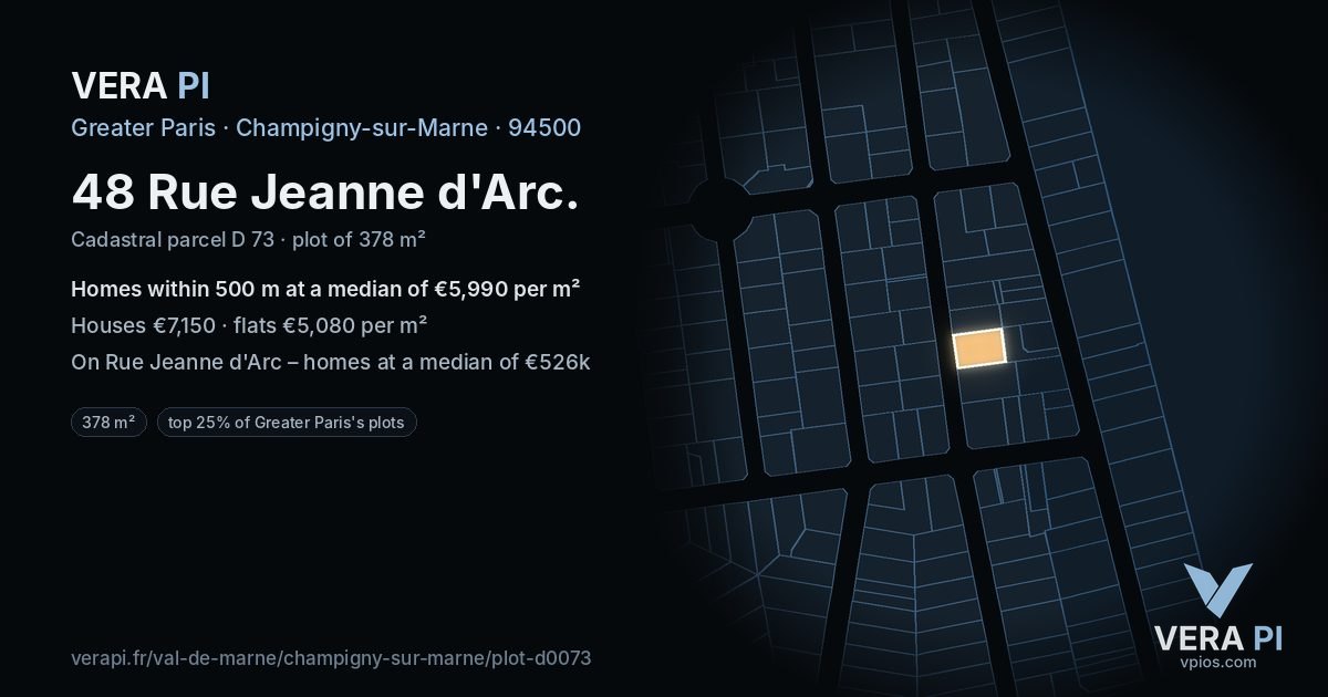 48 Rue Jeanne d'Arc, Champigny-sur-Marne at night – the plot lit, the parcels around coloured by the prices near them