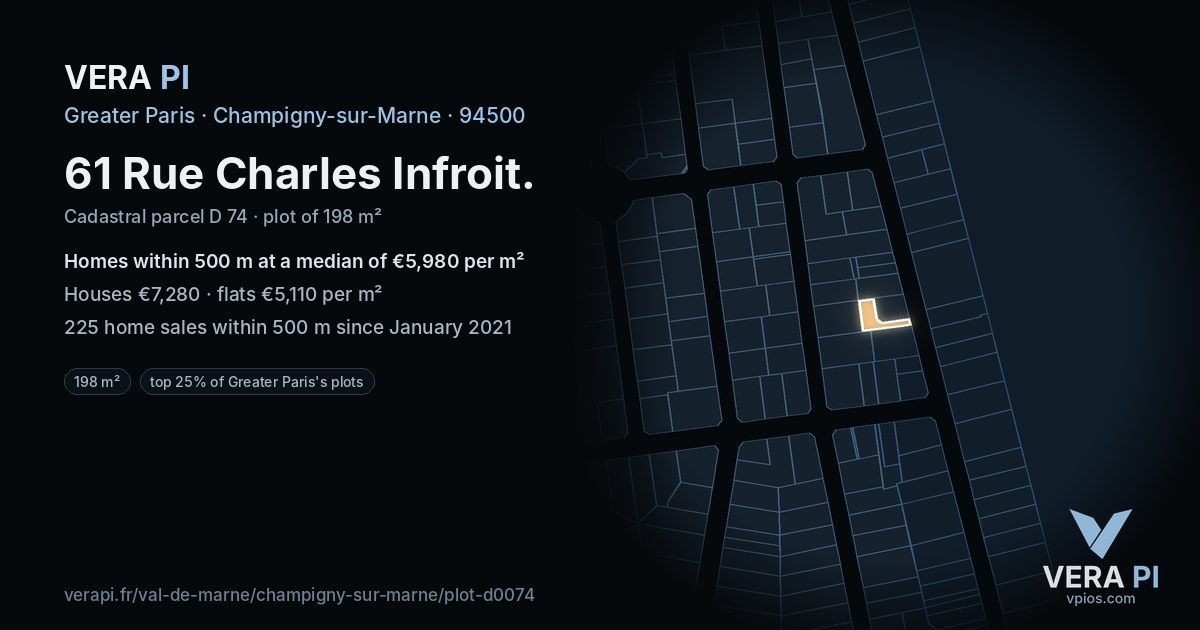 61 Rue Charles Infroit, Champigny-sur-Marne at night – the plot lit, the parcels around coloured by the prices near them