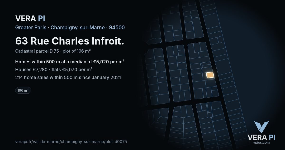 63 Rue Charles Infroit, Champigny-sur-Marne at night – the plot lit, the parcels around coloured by the prices near them