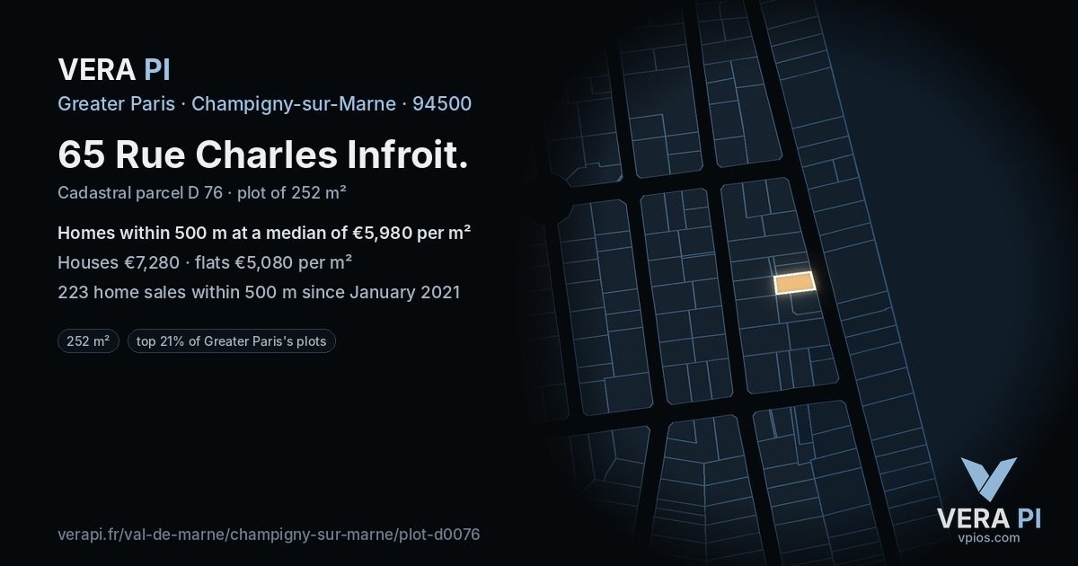 65 Rue Charles Infroit, Champigny-sur-Marne at night – the plot lit, the parcels around coloured by the prices near them