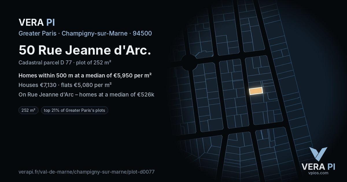 50 Rue Jeanne d'Arc, Champigny-sur-Marne at night – the plot lit, the parcels around coloured by the prices near them