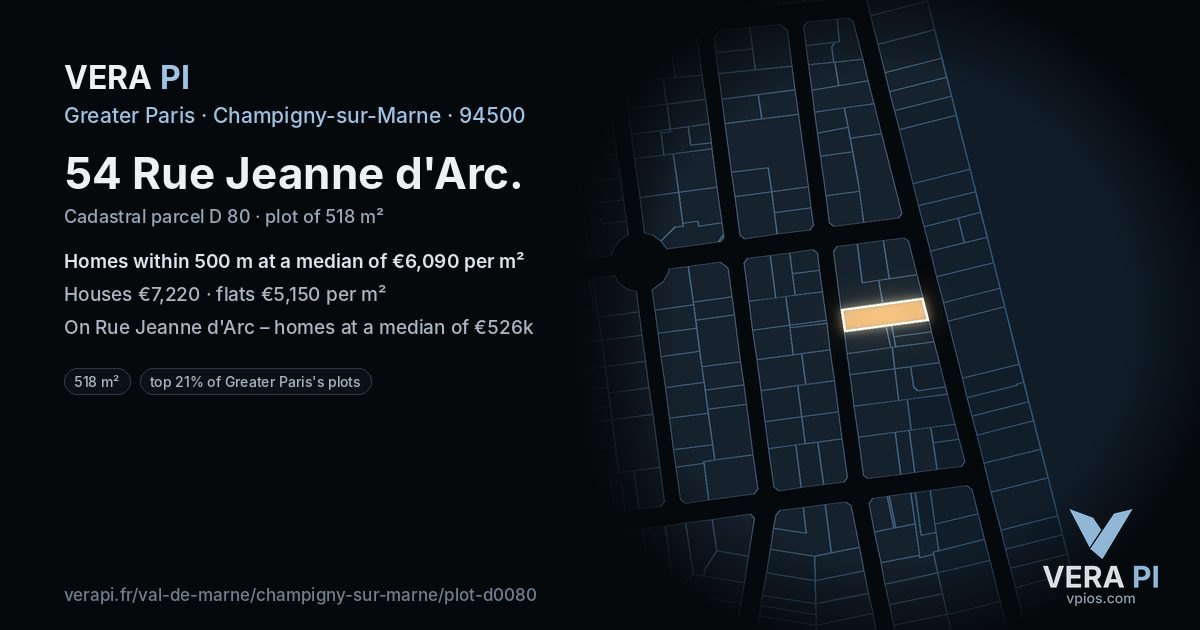 54 Rue Jeanne d'Arc, Champigny-sur-Marne at night – the plot lit, the parcels around coloured by the prices near them