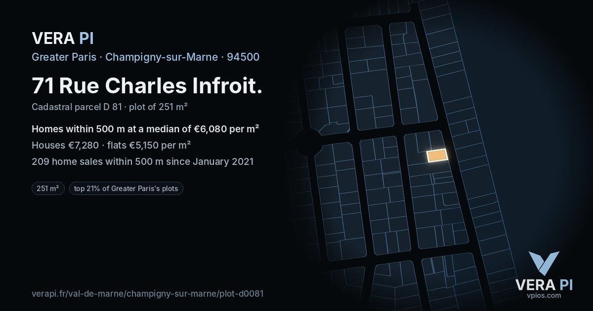 71 Rue Charles Infroit, Champigny-sur-Marne at night – the plot lit, the parcels around coloured by the prices near them