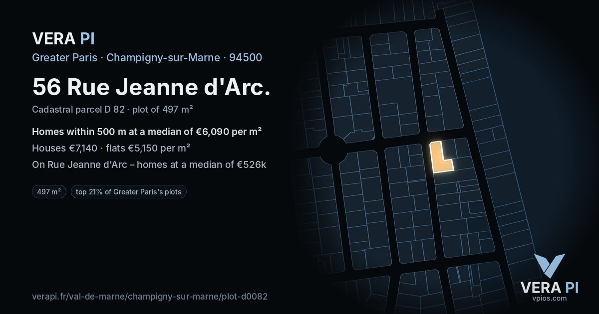 56 Rue Jeanne d'Arc, Champigny-sur-Marne at night – the plot lit, the parcels around coloured by the prices near them