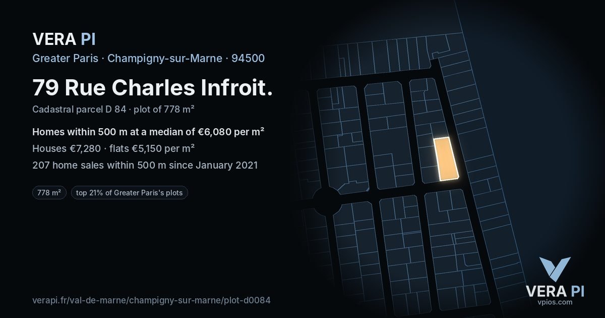 79 Rue Charles Infroit, Champigny-sur-Marne at night – the plot lit, the parcels around coloured by the prices near them