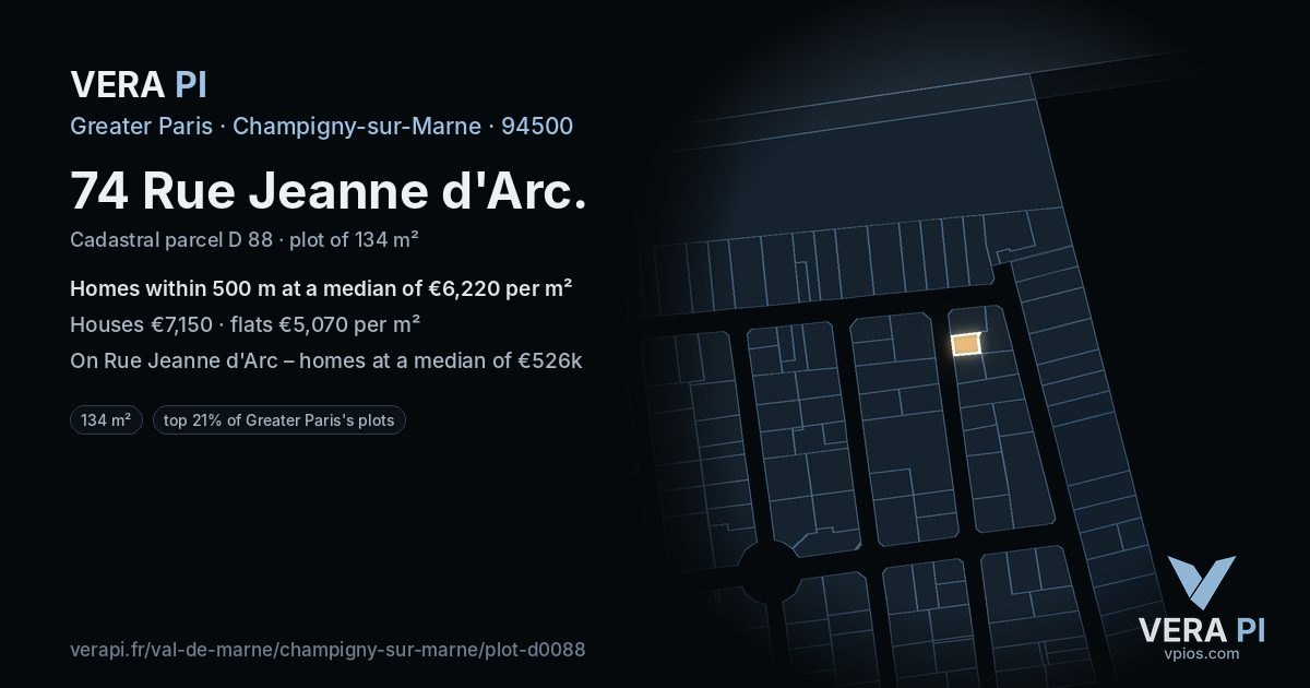 74 Rue Jeanne d'Arc, Champigny-sur-Marne at night – the plot lit, the parcels around coloured by the prices near them