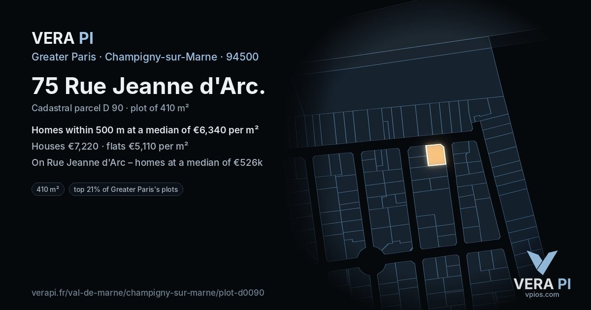 75 Rue Jeanne d'Arc, Champigny-sur-Marne at night – the plot lit, the parcels around coloured by the prices near them