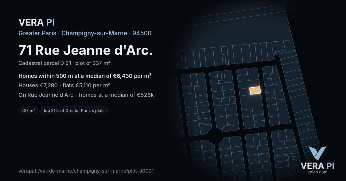 71 Rue Jeanne d'Arc, Champigny-sur-Marne at night – the plot lit, the parcels around coloured by the prices near them