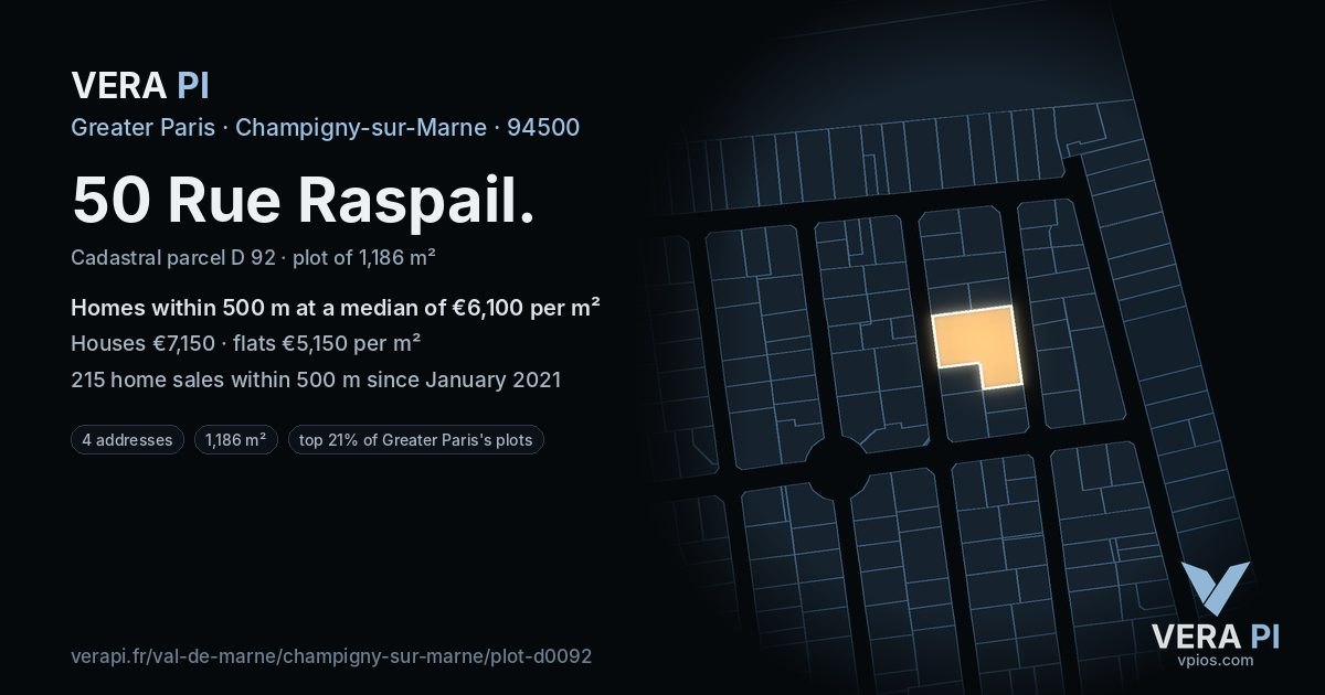 50 Rue Raspail, Champigny-sur-Marne at night – the plot lit, the parcels around coloured by the prices near them