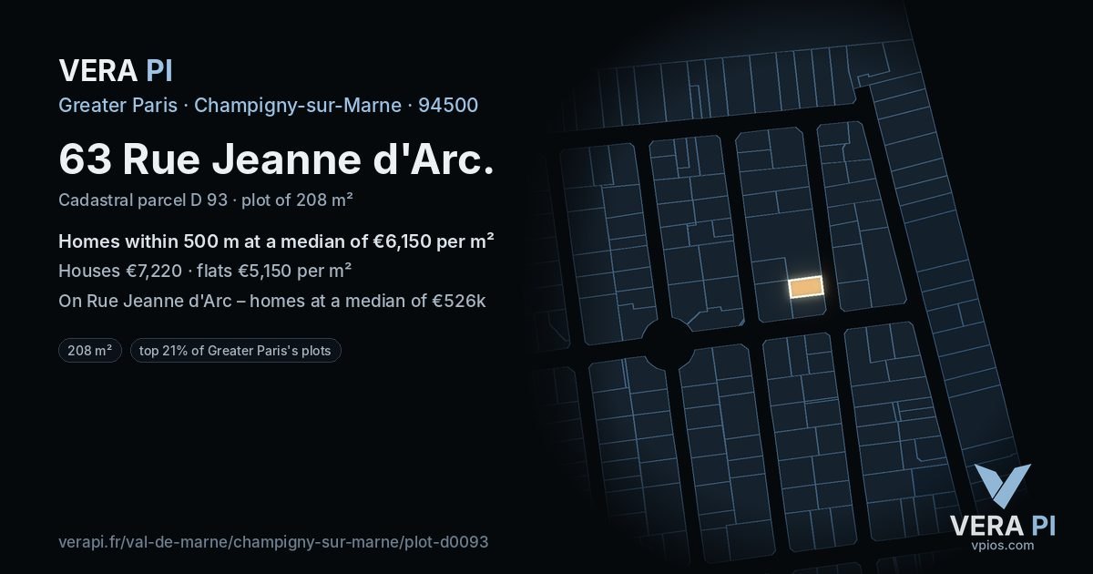 63 Rue Jeanne d'Arc, Champigny-sur-Marne at night – the plot lit, the parcels around coloured by the prices near them