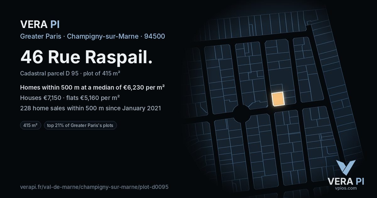 46 Rue Raspail, Champigny-sur-Marne at night – the plot lit, the parcels around coloured by the prices near them
