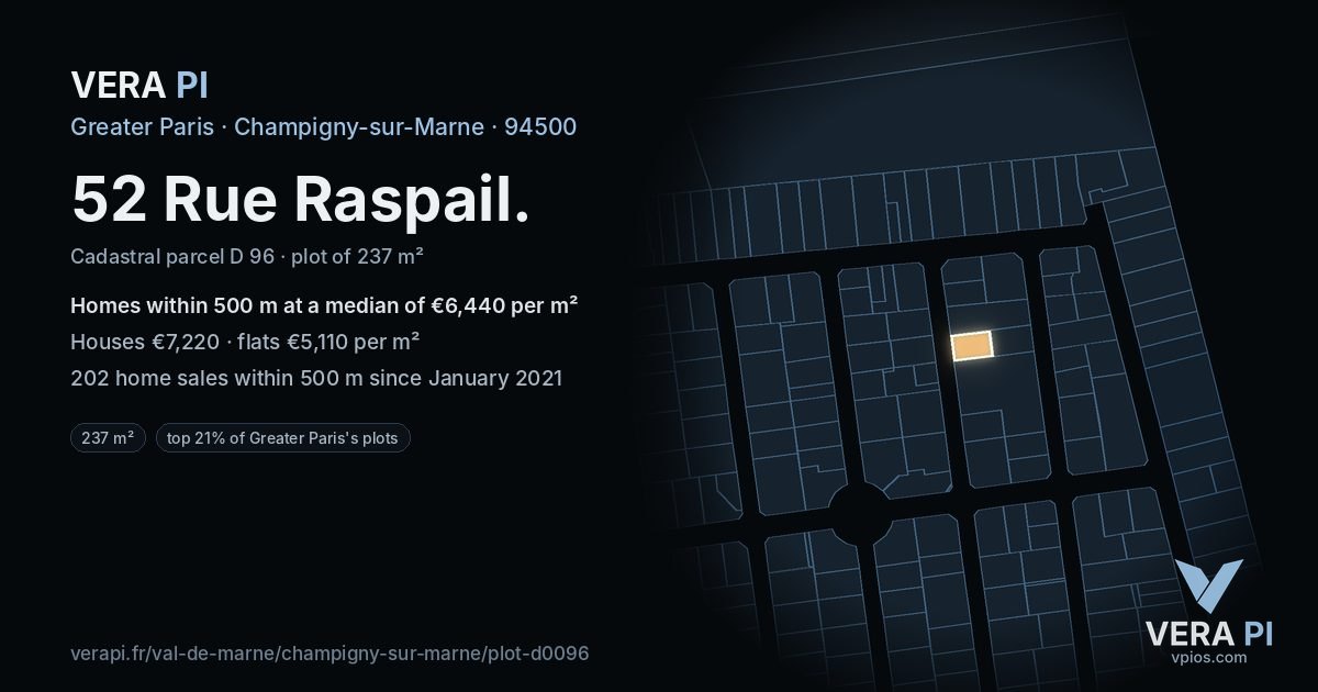 52 Rue Raspail, Champigny-sur-Marne at night – the plot lit, the parcels around coloured by the prices near them