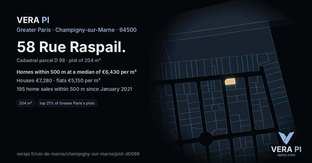 58 Rue Raspail, Champigny-sur-Marne at night – the plot lit, the parcels around coloured by the prices near them
