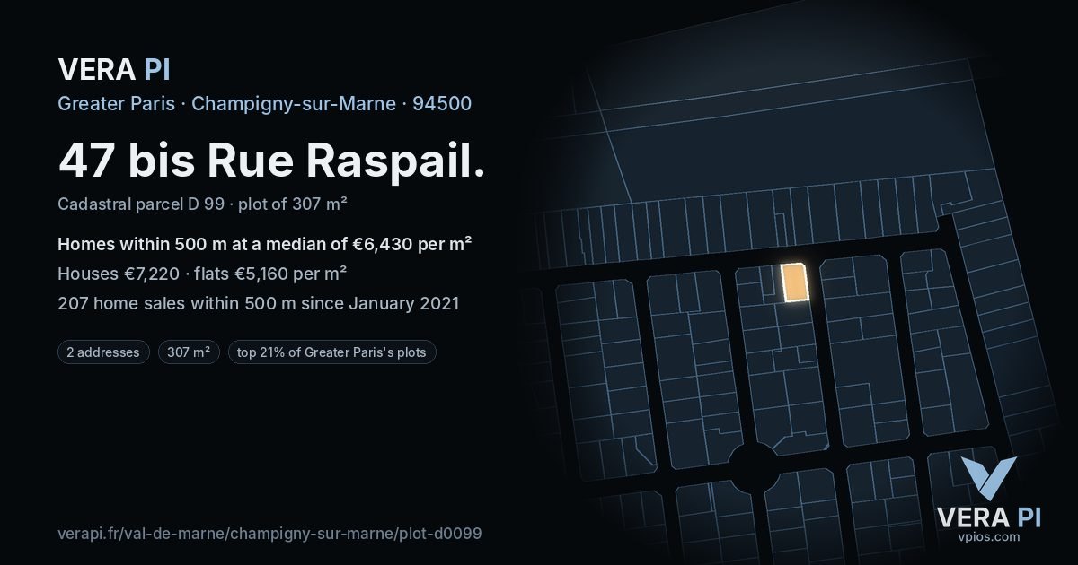 47 bis Rue Raspail, Champigny-sur-Marne at night – the plot lit, the parcels around coloured by the prices near them
