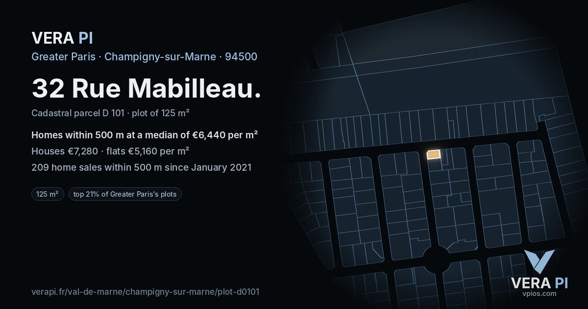 32 Rue Mabilleau, Champigny-sur-Marne at night – the plot lit, the parcels around coloured by the prices near them