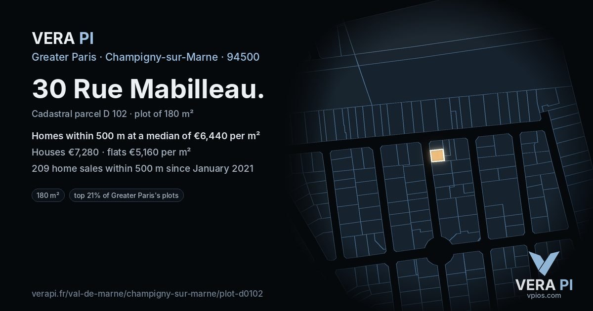 30 Rue Mabilleau, Champigny-sur-Marne at night – the plot lit, the parcels around coloured by the prices near them