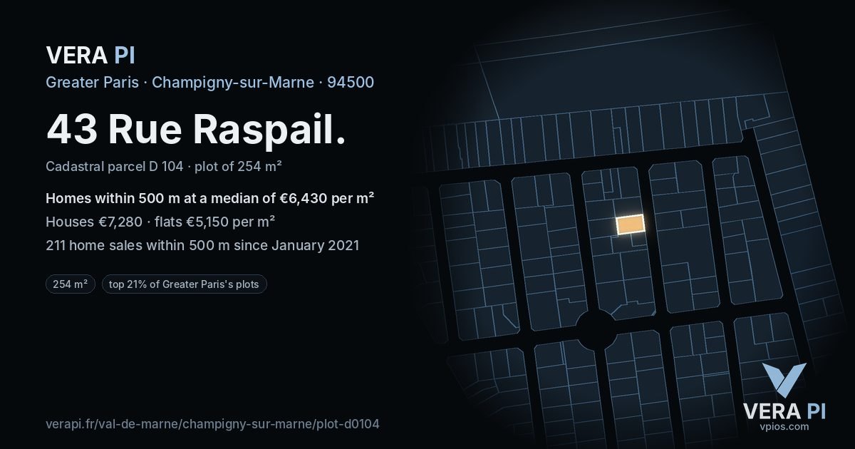 43 Rue Raspail, Champigny-sur-Marne at night – the plot lit, the parcels around coloured by the prices near them