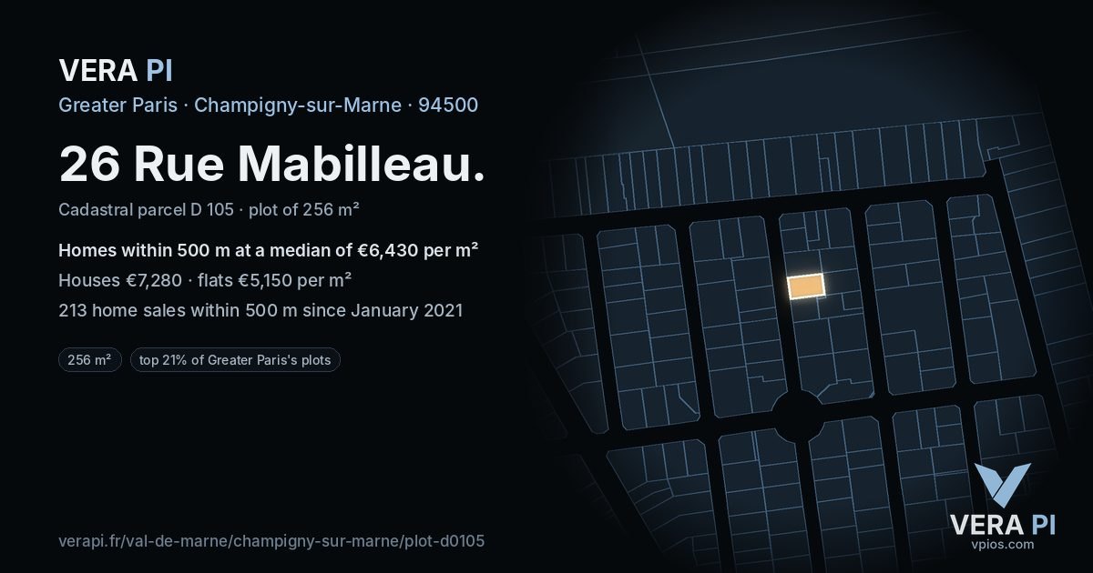 26 Rue Mabilleau, Champigny-sur-Marne at night – the plot lit, the parcels around coloured by the prices near them