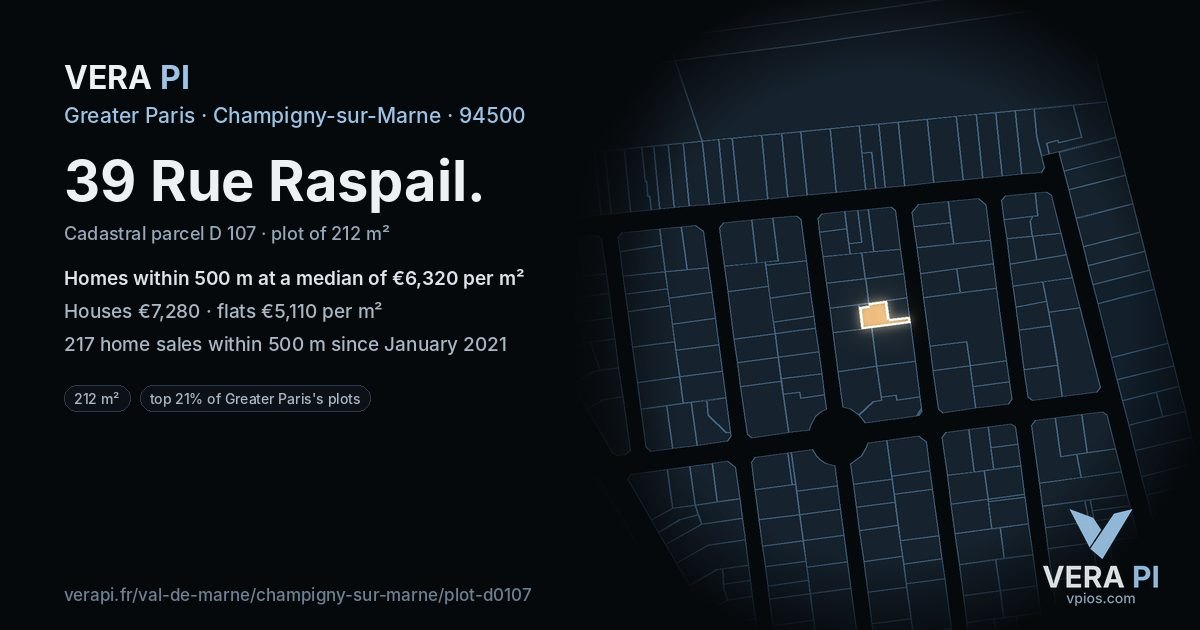 39 Rue Raspail, Champigny-sur-Marne at night – the plot lit, the parcels around coloured by the prices near them