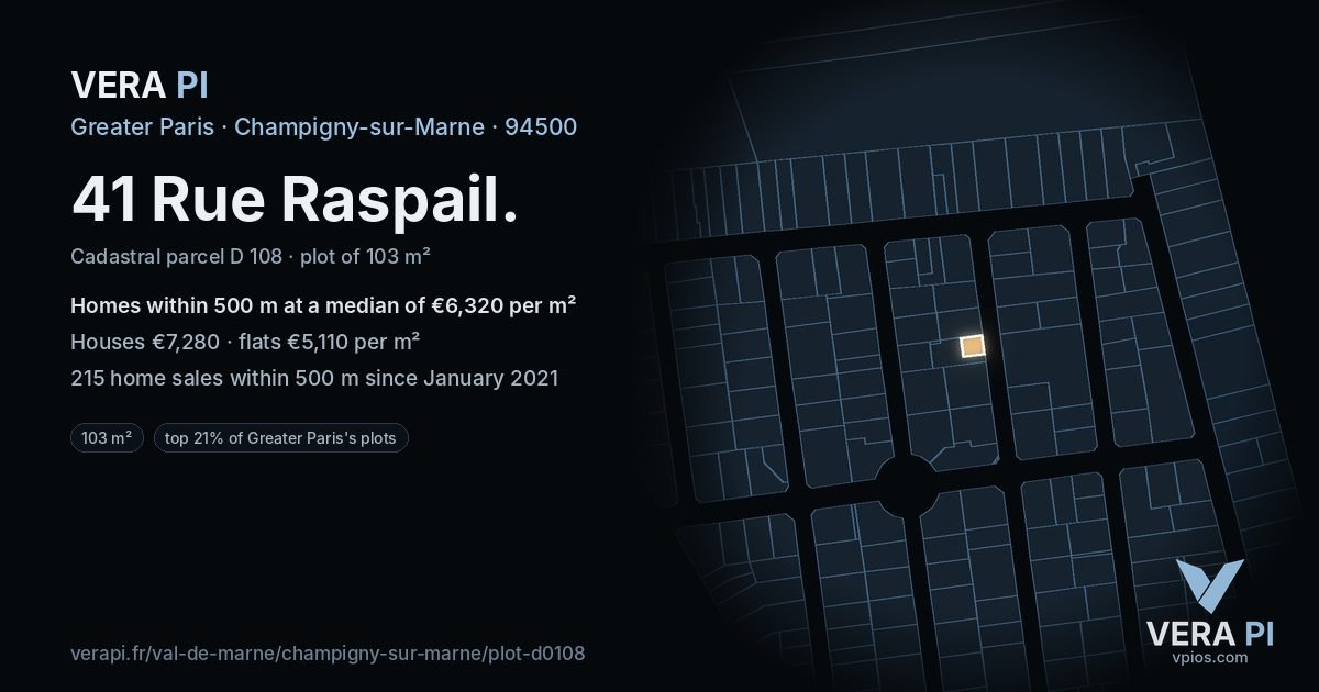 41 Rue Raspail, Champigny-sur-Marne at night – the plot lit, the parcels around coloured by the prices near them