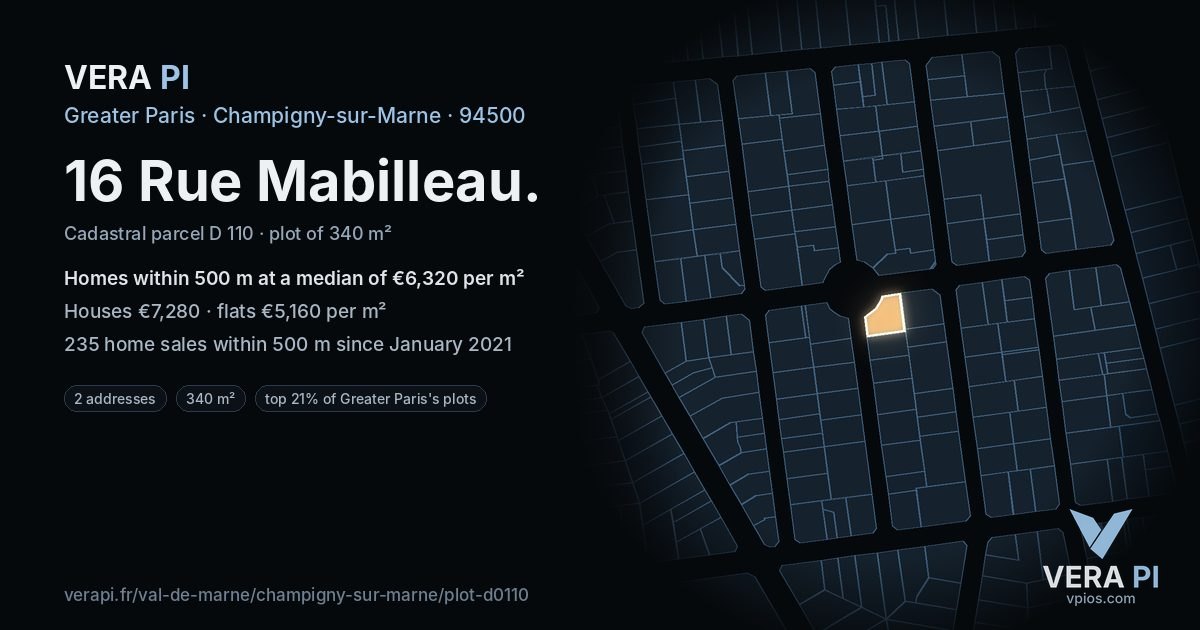 16 Rue Mabilleau, Champigny-sur-Marne at night – the plot lit, the parcels around coloured by the prices near them