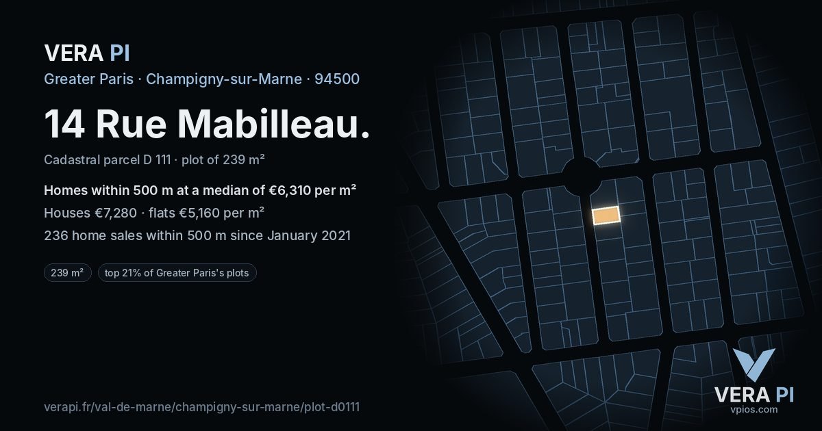 14 Rue Mabilleau, Champigny-sur-Marne at night – the plot lit, the parcels around coloured by the prices near them