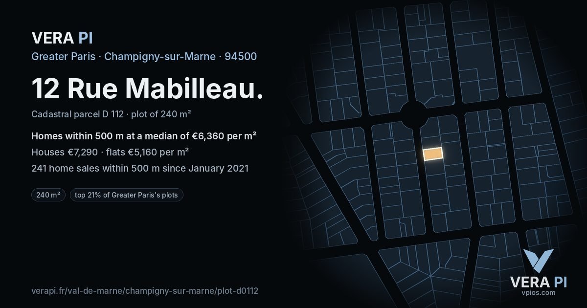 12 Rue Mabilleau, Champigny-sur-Marne at night – the plot lit, the parcels around coloured by the prices near them