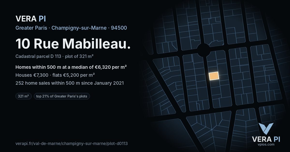 10 Rue Mabilleau, Champigny-sur-Marne at night – the plot lit, the parcels around coloured by the prices near them