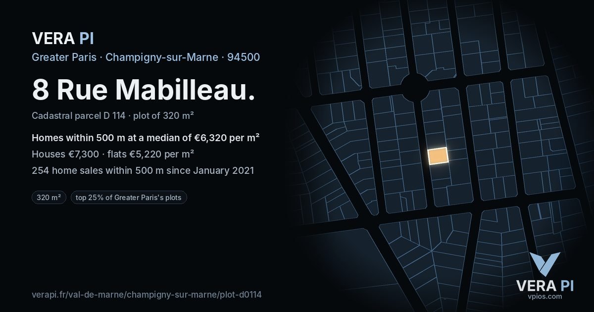 8 Rue Mabilleau, Champigny-sur-Marne at night – the plot lit, the parcels around coloured by the prices near them