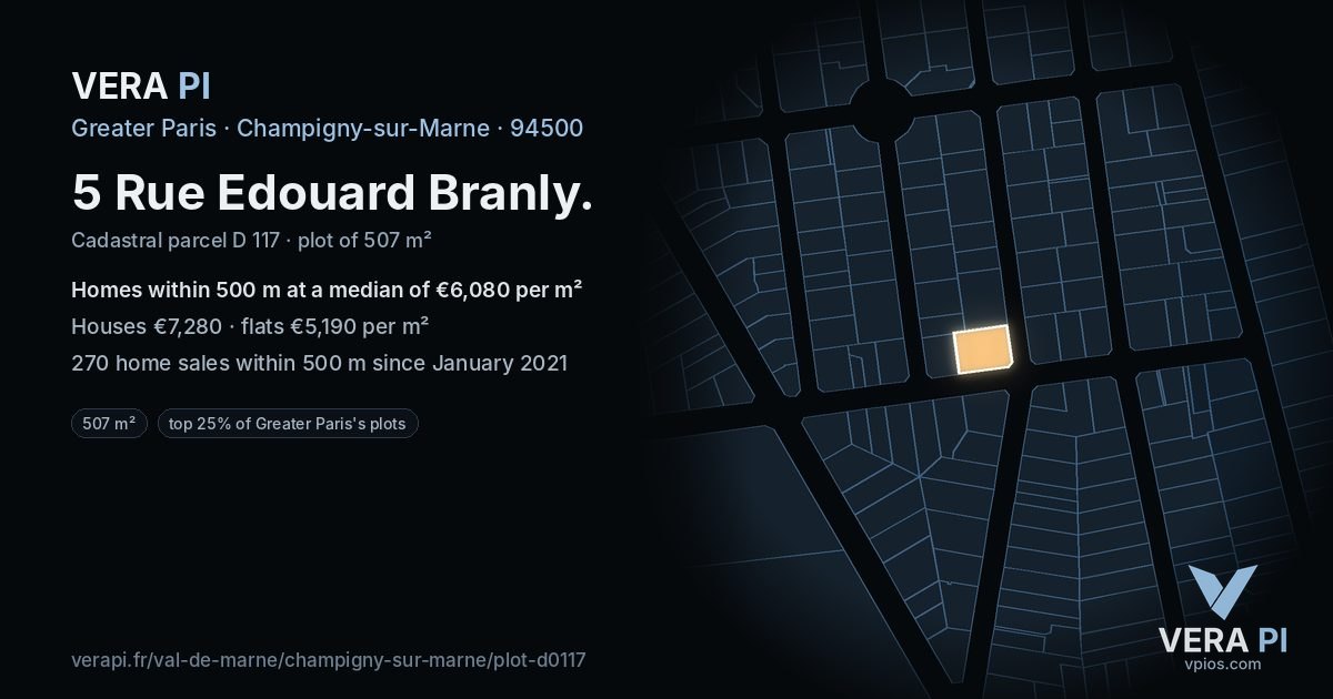 5 Rue Edouard Branly, Champigny-sur-Marne at night – the plot lit, the parcels around coloured by the prices near them