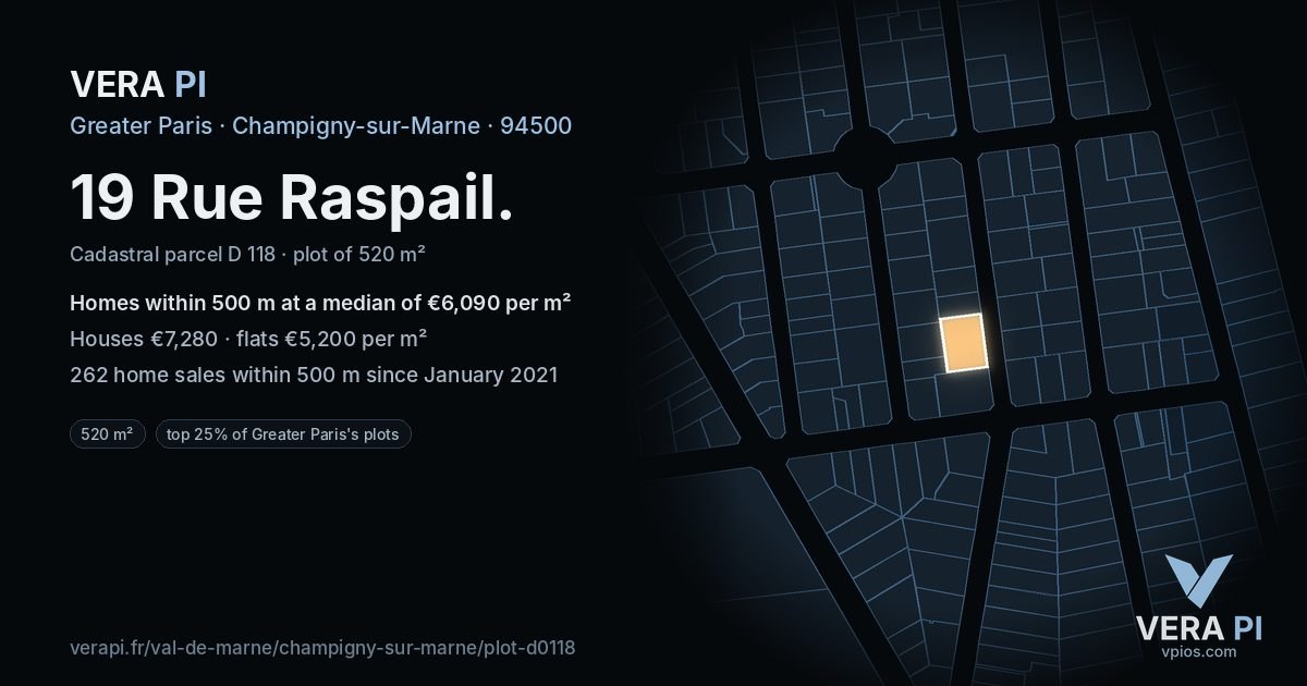 19 Rue Raspail, Champigny-sur-Marne at night – the plot lit, the parcels around coloured by the prices near them