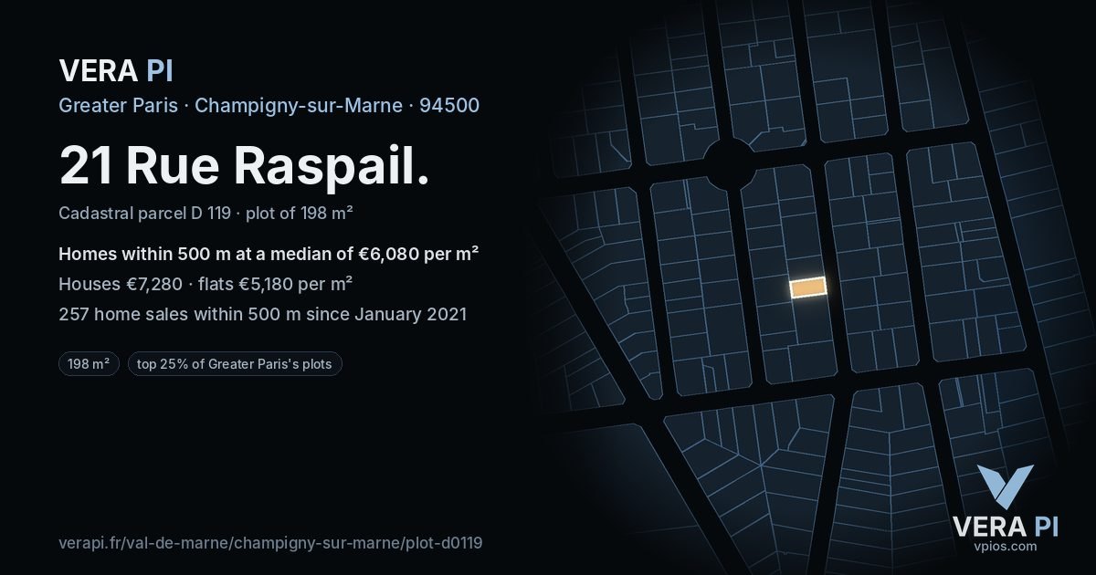 21 Rue Raspail, Champigny-sur-Marne at night – the plot lit, the parcels around coloured by the prices near them