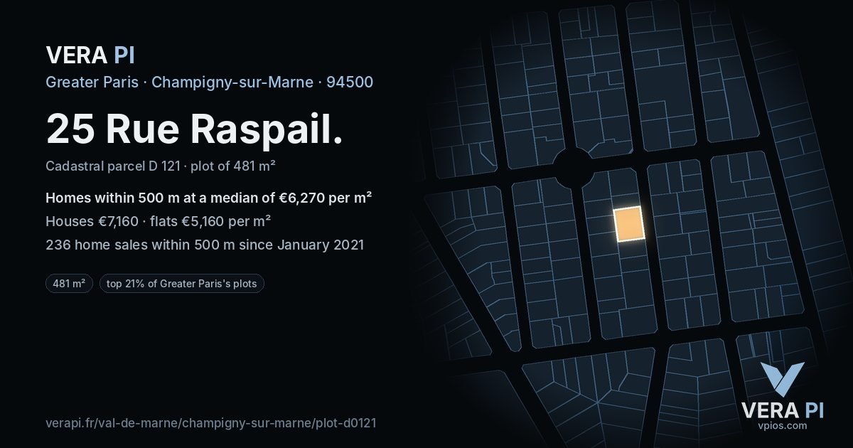 25 Rue Raspail, Champigny-sur-Marne at night – the plot lit, the parcels around coloured by the prices near them