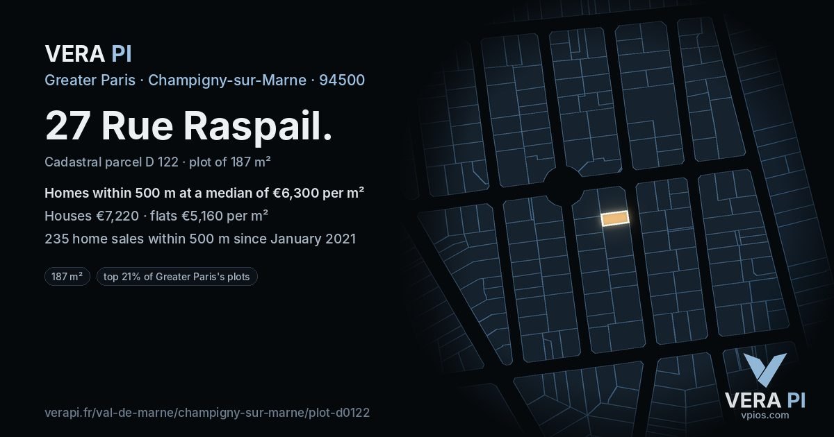 27 Rue Raspail, Champigny-sur-Marne at night – the plot lit, the parcels around coloured by the prices near them