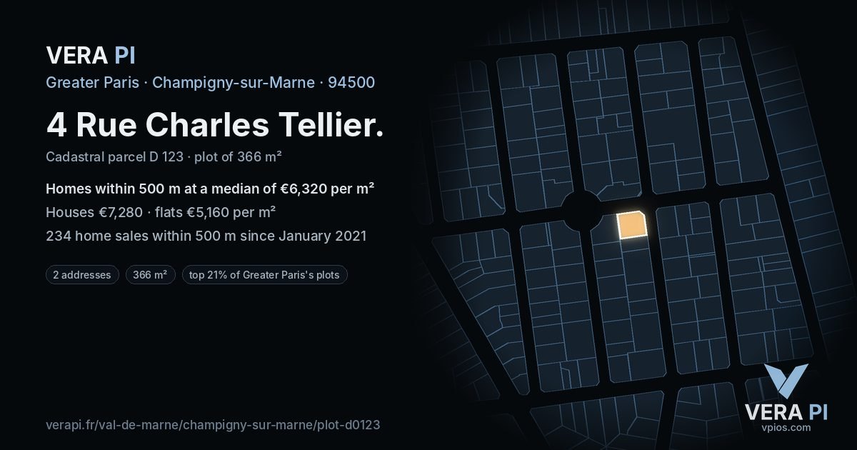 4 Rue Charles Tellier, Champigny-sur-Marne at night – the plot lit, the parcels around coloured by the prices near them