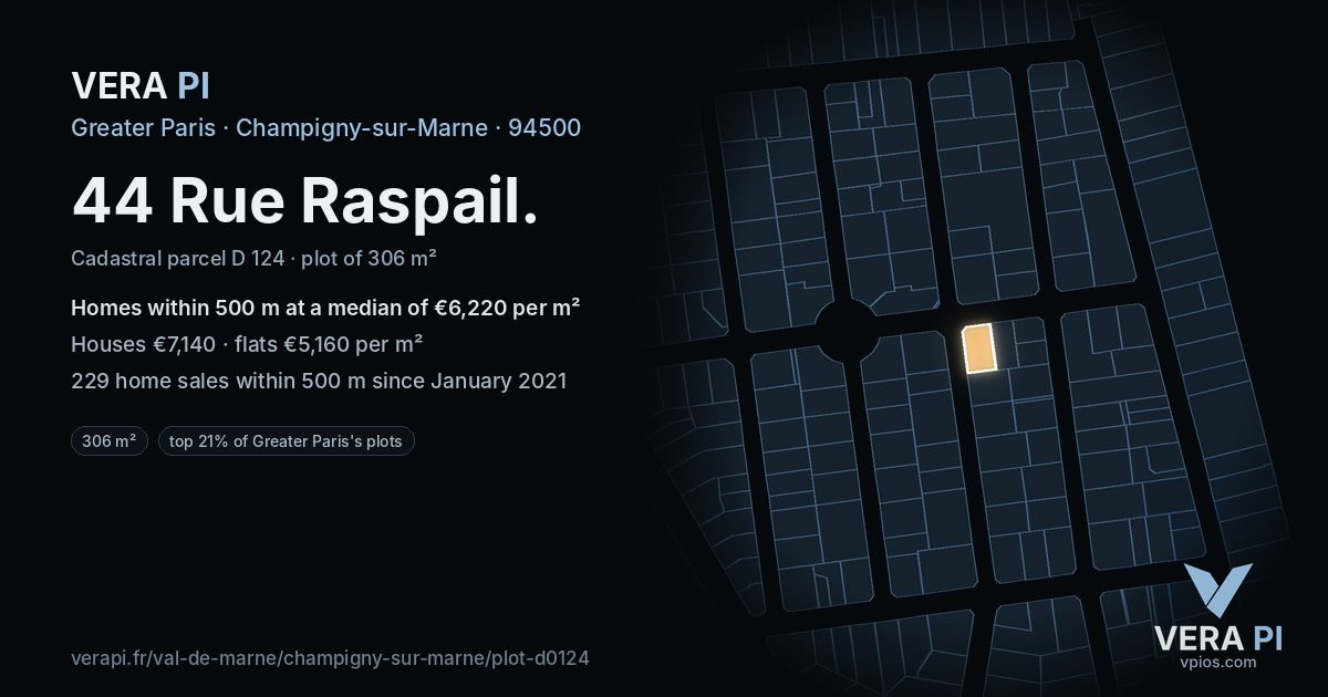 44 Rue Raspail, Champigny-sur-Marne at night – the plot lit, the parcels around coloured by the prices near them