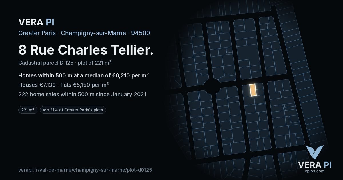 8 Rue Charles Tellier, Champigny-sur-Marne at night – the plot lit, the parcels around coloured by the prices near them