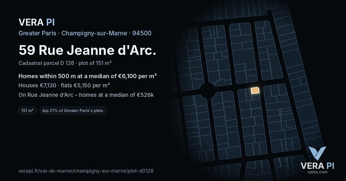 59 Rue Jeanne d'Arc, Champigny-sur-Marne at night – the plot lit, the parcels around coloured by the prices near them
