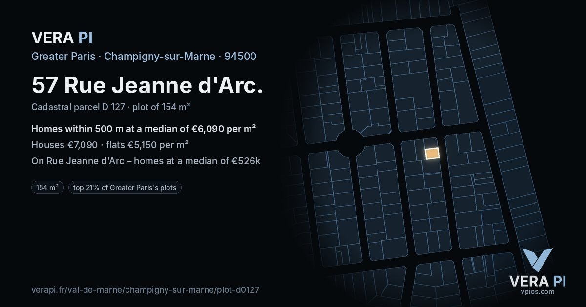 57 Rue Jeanne d'Arc, Champigny-sur-Marne at night – the plot lit, the parcels around coloured by the prices near them