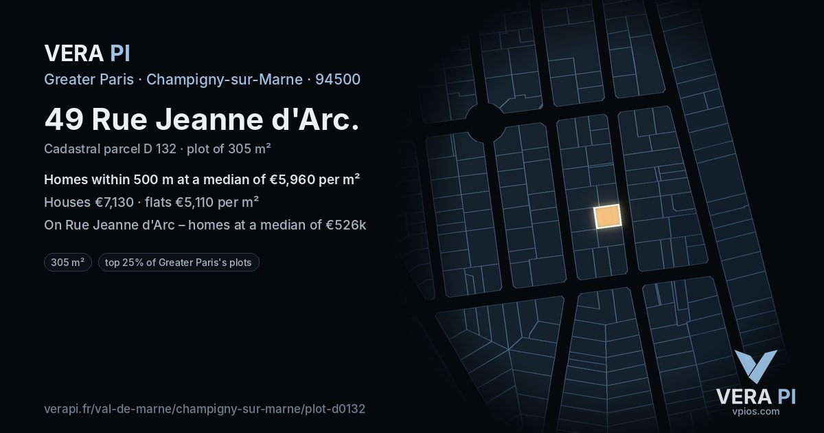 49 Rue Jeanne d'Arc, Champigny-sur-Marne at night – the plot lit, the parcels around coloured by the prices near them