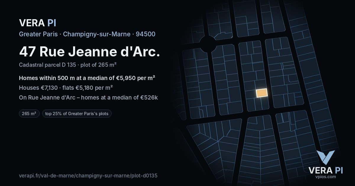 47 Rue Jeanne d'Arc, Champigny-sur-Marne at night – the plot lit, the parcels around coloured by the prices near them
