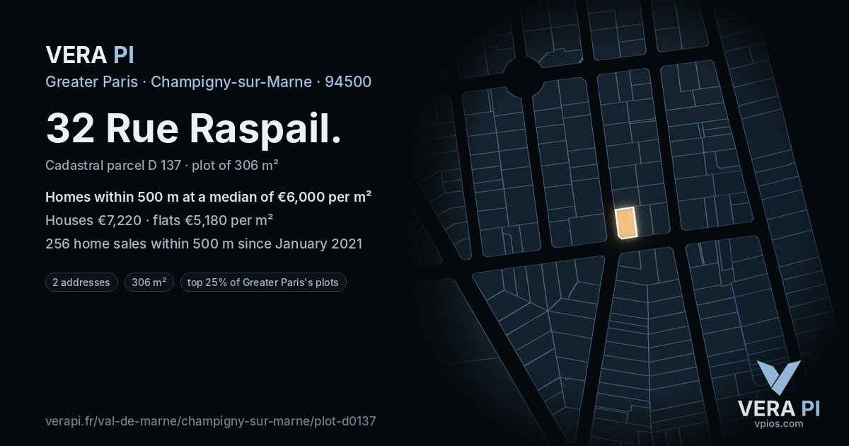 32 Rue Raspail, Champigny-sur-Marne at night – the plot lit, the parcels around coloured by the prices near them