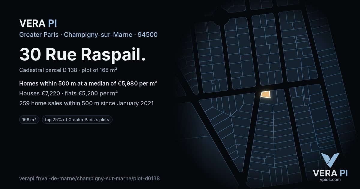 30 Rue Raspail, Champigny-sur-Marne at night – the plot lit, the parcels around coloured by the prices near them