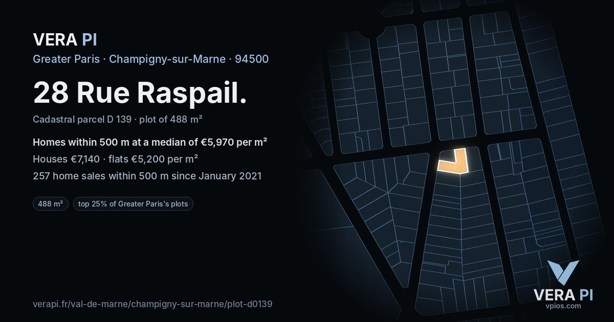28 Rue Raspail, Champigny-sur-Marne at night – the plot lit, the parcels around coloured by the prices near them