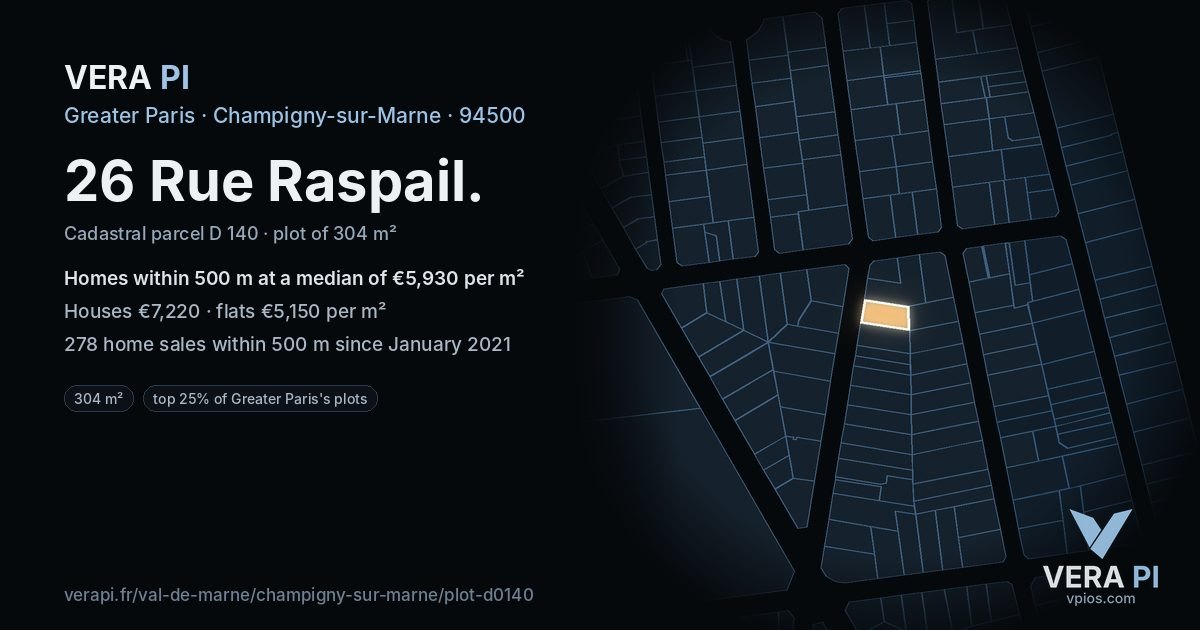 26 Rue Raspail, Champigny-sur-Marne at night – the plot lit, the parcels around coloured by the prices near them