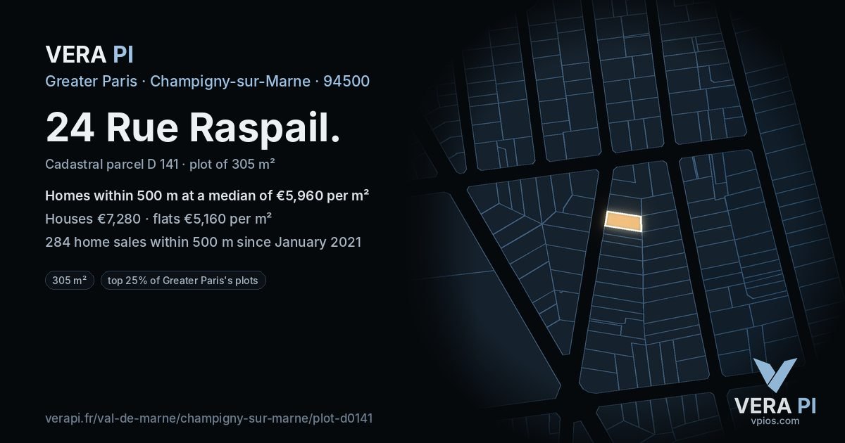 24 Rue Raspail, Champigny-sur-Marne at night – the plot lit, the parcels around coloured by the prices near them