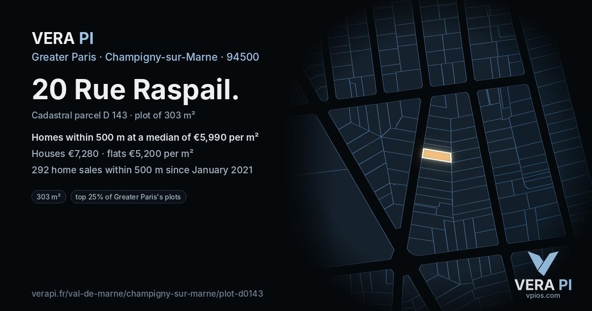 20 Rue Raspail, Champigny-sur-Marne at night – the plot lit, the parcels around coloured by the prices near them