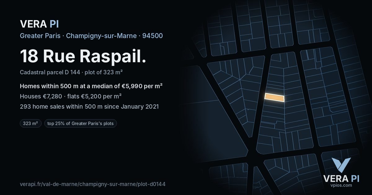 18 Rue Raspail, Champigny-sur-Marne at night – the plot lit, the parcels around coloured by the prices near them