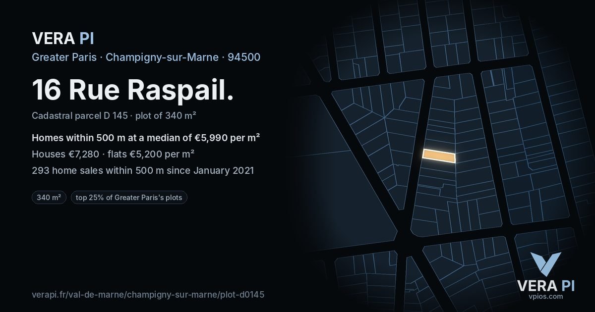 16 Rue Raspail, Champigny-sur-Marne at night – the plot lit, the parcels around coloured by the prices near them